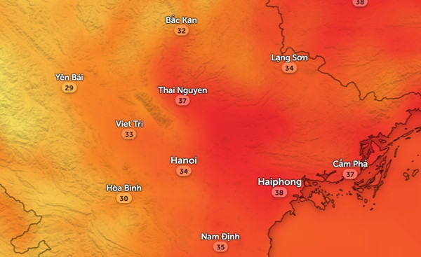 Nhiệt độ cảm nhận ở một số tỉnh thành miền Bắc vào chiều nay, 30/9. Ảnh: Zoom Earth, OpenStreetMap.