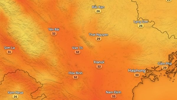 Nhiệt độ buổi chiều (lúc nhiệt độ cao nhất trong ngày) ở phần lớn các tỉnh thành miền Bắc trong tuần này đều ở mức vừa phải, nhiều nơi khá mát. Ảnh: Zoom Earth, OpenStreetMap.