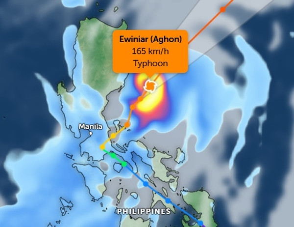 Vị trí hiện tại và đường đi của bão Ewiniar (Aghon). Ảnh: Zoom Earth, JMA.