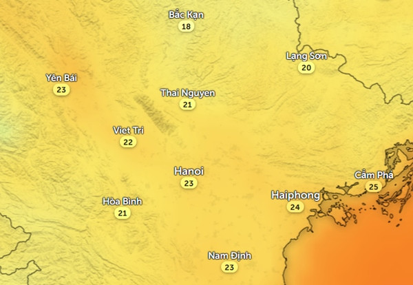 Nhiệt độ cảm nhận ở một số tỉnh thành miền Bắc vào sáng sớm thứ Ba, 24/9. Ảnh: Zoom Earth, OpenStreetMap.