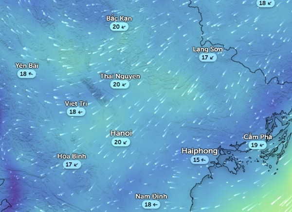 Tốc độ gió Đông Bắc (km/h) ở một số tỉnh thành miền Bắc vào chiều mai, 6/3. Ảnh: Zoom Earth, OpenStreetMap. Tốc độ gió Đông Bắc (km/h) ở một số tỉnh thành miền Bắc vào chiều mai, 6/3. Ảnh: Zoom Earth, OpenStreetMap.