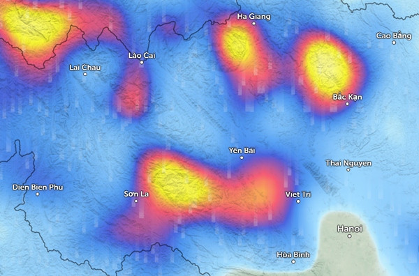 Nhiều nơi ở miền Bắc nước ta có mưa lớn vào sáng nay, 30/7. Trong hình, những vùng màu xanh da trời là mưa nhỏ đến vừa, màu đỏ là mưa to, màu vàng là mưa rất to. Ảnh: Zoom Earth, OpenStreetMap. Nhiều nơi ở miền Bắc nước ta có mưa lớn vào sáng nay, 30/7. Trong hình, những vùng màu xanh da trời là mưa nhỏ đến vừa, màu đỏ là mưa to, màu vàng là mưa rất to. Ảnh: Zoom Earth, OpenStreetMap.