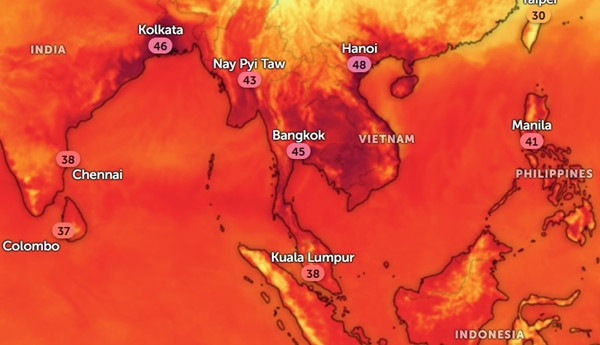 Nhiệt độ ở một số thành phố tại châu Á lúc 11h thứ Bảy, 27/4. Ảnh: Zoom Earth, OpenStreetMap. Nhiệt độ ở một số thành phố tại châu Á lúc 11h thứ Bảy, 27/4. Ảnh: Zoom Earth, OpenStreetMap.