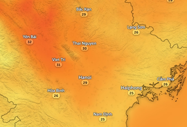 Nhiệt độ cảm nhận ở một số tỉnh thành miền Bắc vào trưa và chiều 23/9. Ảnh: Zoom Earth, OpenStreetMap.