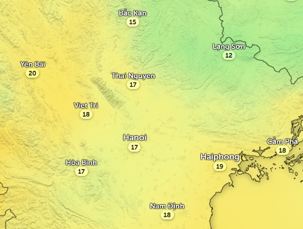Nhiệt độ cảm nhận ở một số tỉnh thành miền Bắc vào trưa và đầu giờ chiều nay, 12/12. Ảnh: Zoom Earth, OpenStreetMap, ICON. Nhiệt độ cảm nhận ở một số tỉnh thành miền Bắc vào trưa và đầu giờ chiều nay, 12/12. Ảnh: Zoom Earth, OpenStreetMap, ICON.