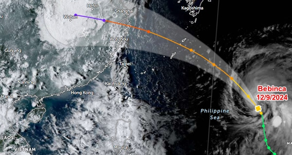 Vị trí hiện tại và đường đi dự báo của bão Bebinca: Cơn bão này không đến gần nước ta. Ảnh: Zoom Earth, JMA.
