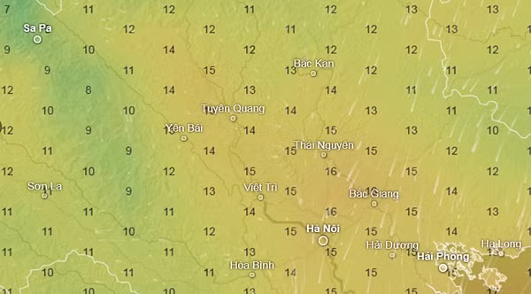 Dự báo nhiệt độ ở một số tỉnh thành miền Bắc vào sáng 28/11, cao điểm của đợt không khí lạnh mạnh tuần sau. Ảnh: Ventusky, GFS.