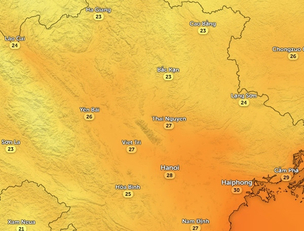 Nhiệt độ cảm nhận thực tế ngoài trời ở một số tỉnh thành miền Bắc vào 7 - 8h sáng thứ Năm, 16/5: Trời rất mát. Ảnh: Zoom Earth, OpenStreetMap. Nhiệt độ cảm nhận thực tế ngoài trời ở một số tỉnh thành miền Bắc vào 7 - 8h sáng thứ Năm, 16/5: Trời rất mát. Ảnh: Zoom Earth, OpenStreetMap.