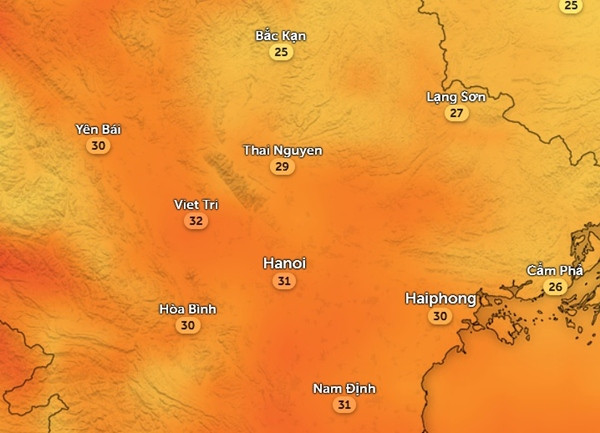 Nhiệt độ cảm nhận thực tế ngoài trời ở một số tỉnh thành miền Bắc vào chiều nay, 2/5: Trời khá mát mẻ. Ảnh: Zoom Earth, OpenStreetMap.