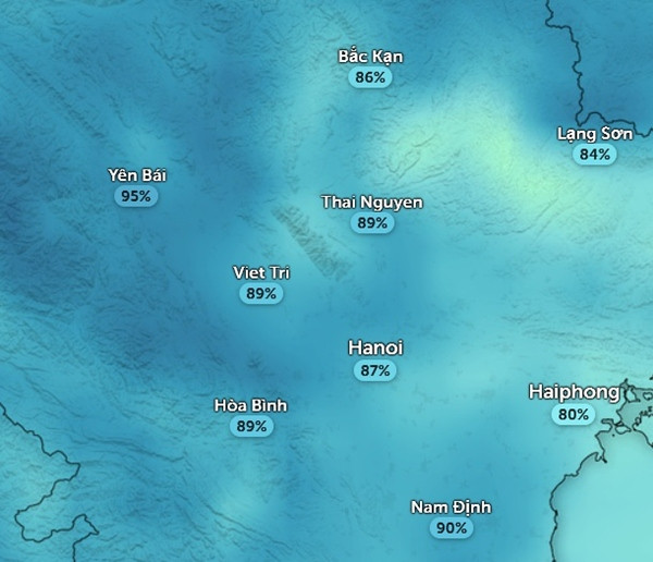 Độ ẩm khá cao ở một số tỉnh thành miền Bắc vào sáng nay, 17/5. Ảnh: Zoom Earth, OpenStreetMap. Độ ẩm khá cao ở một số tỉnh thành miền Bắc vào sáng nay, 17/5. Ảnh: Zoom Earth, OpenStreetMap.