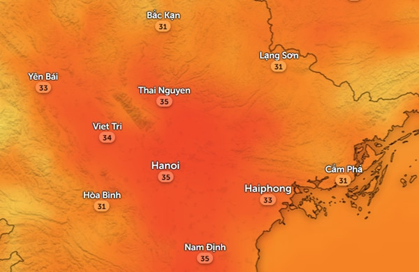 Nhiệt độ cảm nhận ở một số tỉnh thành miền Bắc vào trưa và đầu giờ chiều nay, 17/10. Ảnh: Zoom Earth, OpenStreetMap. Nhiệt độ cảm nhận ở một số tỉnh thành miền Bắc vào trưa và đầu giờ chiều nay, 17/10. Ảnh: Zoom Earth, OpenStreetMap.