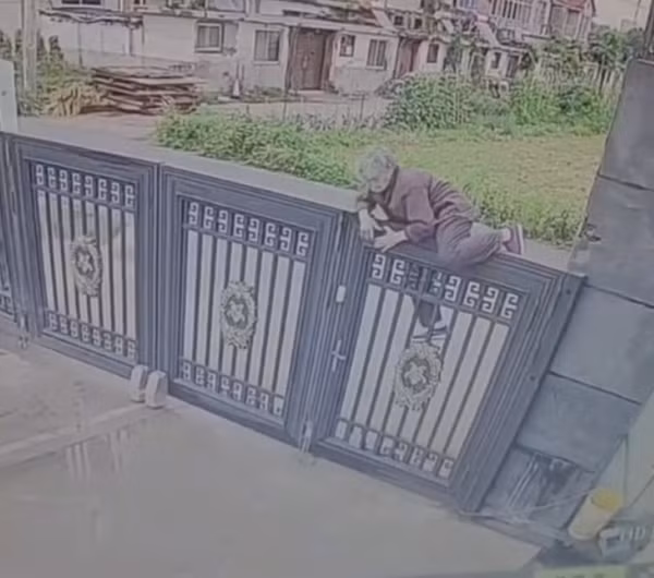 Chỉ trong hơn 20 giây, cụ bà đã vượt qua cánh cổng để ra ngoài. Ảnh: Weibo. Chỉ trong hơn 20 giây, cụ bà đã vượt qua cánh cổng để ra ngoài. Ảnh: Weibo.
