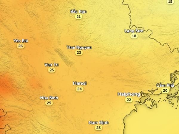 Nhiệt độ nhiều tỉnh thành miền Bắc giảm nhưng trời vẫn khá ấm áp vào chiều thứ Sáu, 23/2. Ảnh: Zoom Earth, OpenStreetMap. Nhiệt độ nhiều tỉnh thành miền Bắc giảm nhưng trời vẫn khá ấm áp vào chiều thứ Sáu, 23/2. Ảnh: Zoom Earth, OpenStreetMap.