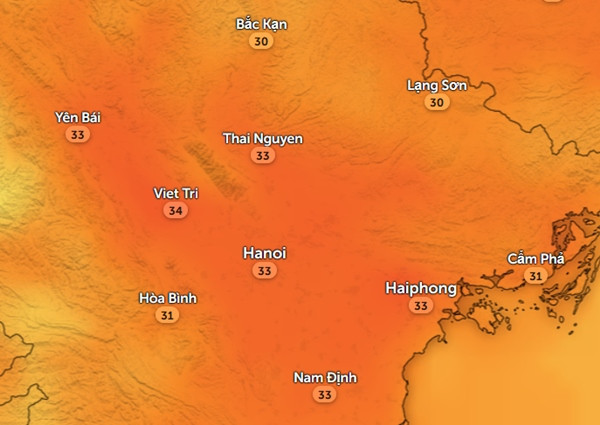 Nhiệt độ cảm nhận ở một số tỉnh thành miền Bắc vào trưa và chiều 12/11. Ảnh: Zoom Earth, OpenStreetMap, ICON.