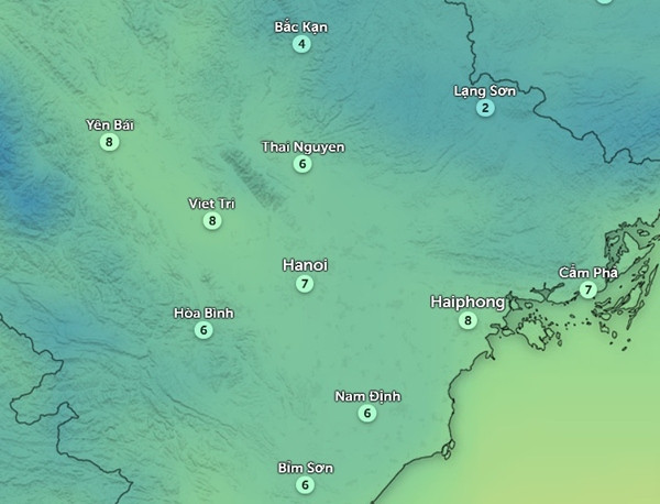 Dự báo nhiệt độ thực cảm thấy ngoài trời ở Hà Nội và một số tỉnh thành miền Bắc lúc 6h sáng 24/1. Ảnh: Zoom Earth, OpenStreetMap.