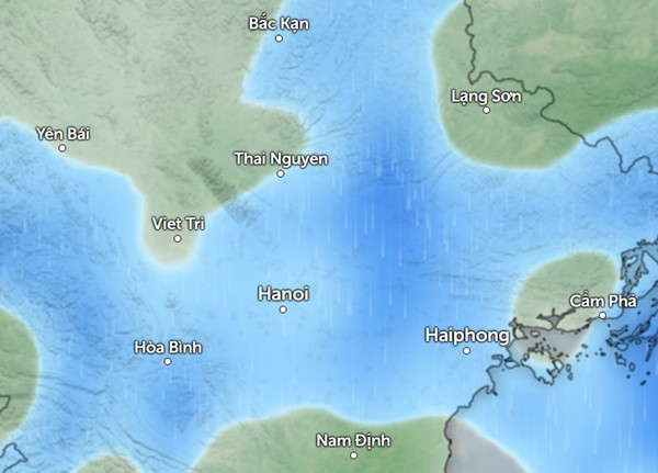 Dự báo một số tỉnh thành miền Bắc có mưa vào sáng 2/5 (những vùng màu xanh da trời là mưa nhỏ đến vừa). Ảnh: Zoom Earth, OpenStreetMap.