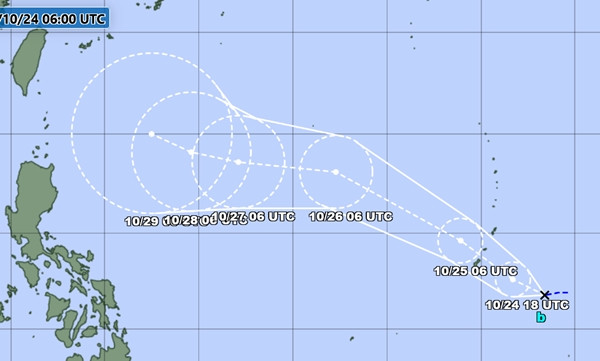 Đường đi dự báo của ATNĐ 98W, có khả năng thành bão Kong-rey trong ngày 25/10. Ảnh: JMA. Đường đi dự báo của ATNĐ 98W, có khả năng thành bão Kong-rey trong ngày 25/10. Ảnh: JMA.