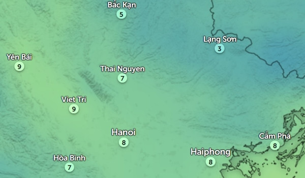 Nhiệt độ thực ngoài trời ở Hà Nội và một số tỉnh thành miền Bắc nước ta vào sáng 23/1. Ảnh: Zoom Earth, OpenStreetMap.