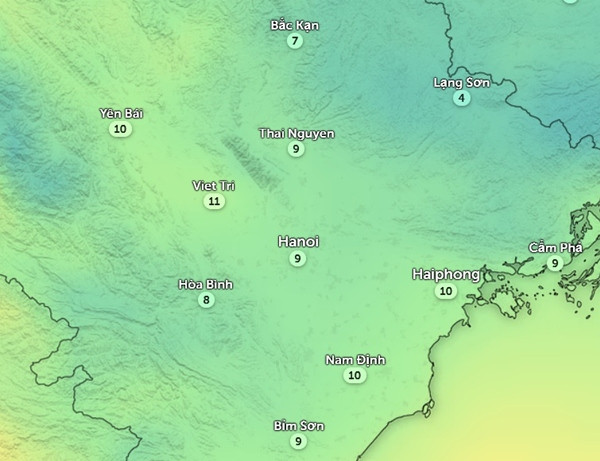 Dự báo nhiệt độ thực ngoài trời ở một số tỉnh thành miền Bắc vào 17h ngày 22/1. Ảnh: Zoom Earth, OpenStreetMap.