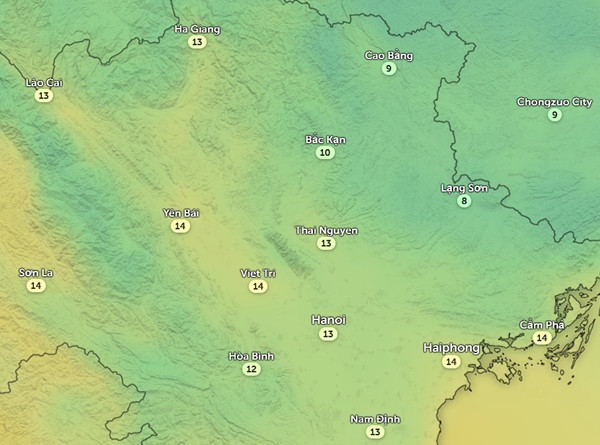 Nhiệt độ thực ở một số tỉnh thành miền Bắc vào sáng mai, 1/3. Ảnh: Zoom Earth, OpenStreetMap.