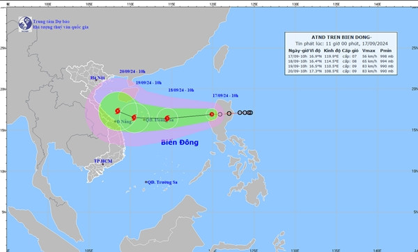 Dự báo của Trung tâm Dự báo Khí tượng Thủy văn Quốc gia nước ta trong bản tin lúc 11h ngày 17/9. Ảnh: NCHMF. Dự báo của Trung tâm Dự báo Khí tượng Thủy văn Quốc gia nước ta trong bản tin lúc 11h ngày 17/9. Ảnh: NCHMF.
