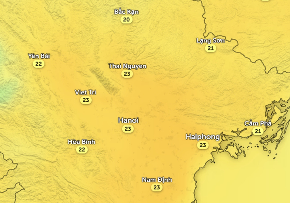 Nhiệt độ cảm nhận ở một số tỉnh thành miền Bắc vào trưa và đầu giờ chiều ngày 2/1. Ảnh: Zoom Earth, OpenStreetMap, ICON.
