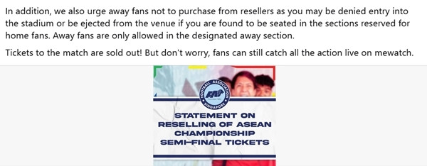 Thông báo của FAS về việc fan đội khách (ĐT Việt Nam) không nên mua vé từ những người bán lại. (Ảnh chụp màn hình trang FAS).