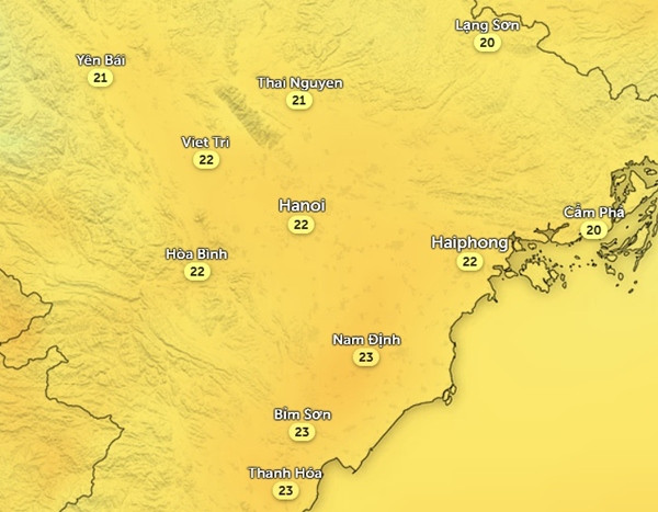 Dự báo nhiệt độ Hà Nội và một số tỉnh thành miền Bắc vào chiều mai, 4/1. Ảnh: Zoom Earth, OpenStreetMap. Dự báo nhiệt độ Hà Nội và một số tỉnh thành miền Bắc vào chiều mai, 4/1. Ảnh: Zoom Earth, OpenStreetMap.