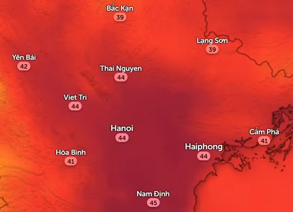 Nhiệt độ cảm nhận ở một số tỉnh thành miền Bắc vào chiều nay, 28/8. Ảnh: Zoom Earth, OpenStreetMap.