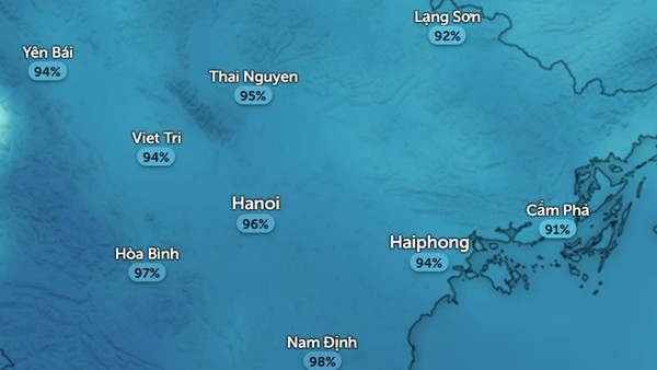 Độ ẩm rất cao ở một số tỉnh thành miền Bắc vào sáng thứ Hai và thứ Ba (2 ngày tương tự nhau). Ảnh: Zoom Earth, OpenStreetMap.