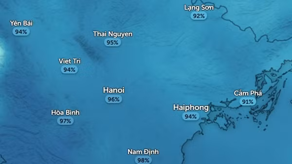 Độ ẩm rất cao ở một số tỉnh thành miền Bắc vào sáng thứ Hai và thứ Ba (2 ngày tương tự nhau). Ảnh: Zoom Earth, OpenStreetMap.