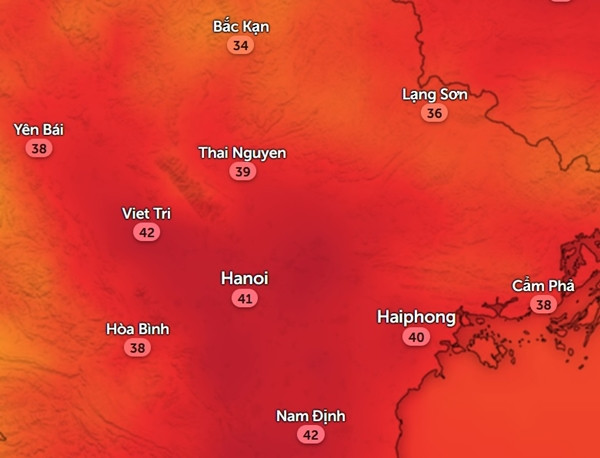 Nhiệt độ cảm nhận ở một số tỉnh thành miền Bắc vào chiều mai, 6/7. Ảnh: Zoom Earth, OpenStreetMap.
