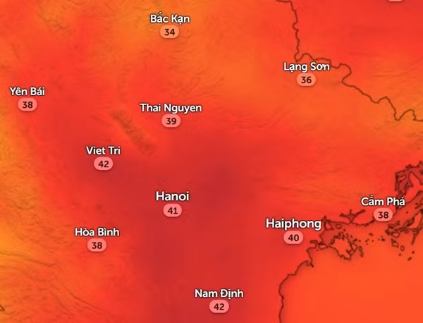Nhiệt độ cảm nhận ở một số tỉnh thành miền Bắc vào chiều mai, 6/7. Ảnh: Zoom Earth, OpenStreetMap.
