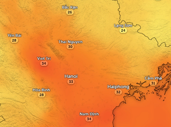 Nhiệt độ cảm nhận ở một số tỉnh thành miền Bắc vào đầu giờ chiều nay, 1/10. Ảnh: Zoom Earth, OpenStreetMap. Nhiệt độ cảm nhận ở một số tỉnh thành miền Bắc vào đầu giờ chiều nay, 1/10. Ảnh: Zoom Earth, OpenStreetMap.