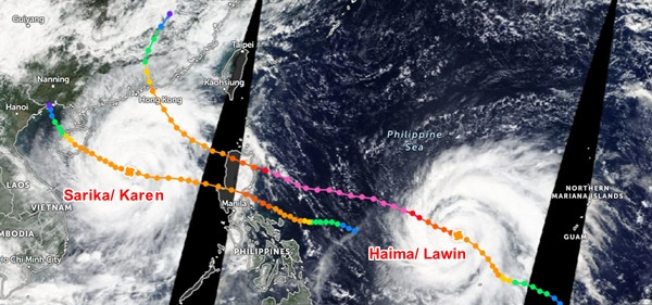 Đường đi của 2 cơn bão lớn năm 2016 với 2 cái tên mà sau đó Philippines đã xóa bỏ. Ảnh: Zoom Earth, NASA. Đường đi của 2 cơn bão lớn năm 2016 với 2 cái tên mà sau đó Philippines đã xóa bỏ. Ảnh: Zoom Earth, NASA.