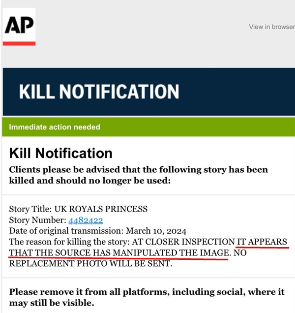 Thông báo rút lại ảnh đã đăng của hãng tin AP vì ảnh có thể đã bị thay đổi. Ảnh: AP.