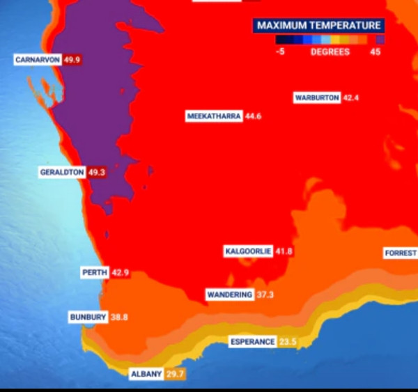 Những mức nhiệt độ gần ngưỡng "không thể chịu đựng được" ở phía Tây nước Úc vào tuần trước. Ảnh: Sky News. Những mức nhiệt độ gần ngưỡng "không thể chịu đựng được" ở phía Tây nước Úc vào tuần trước. Ảnh: Sky News.