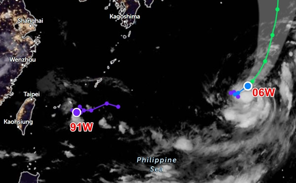 Hiện tại ở Tây Bắc Thái Bình Dương chỉ đang có một áp thấp nhiệt đới (ở thời điểm viết bài) là 06W, có khả năng chỉ đi trên biển, và áp thấp 91W đã suy yếu. Ảnh: Zoom Earth, JMA.