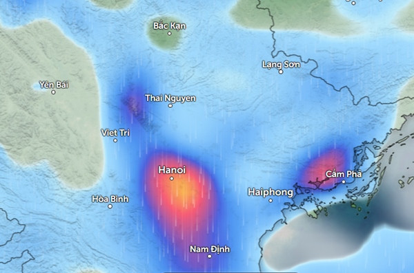 Dự báo mưa ở một số tỉnh thành miền Bắc vào chiều thứ Bảy, 21/9. Những vùng màu xanh da trời là mưa nhỏ đến vừa, màu đỏ là mưa vừa đến mưa to, màu vàng là mưa to đến rất to. Ảnh: Zoom Earth, OpenStreetMap.