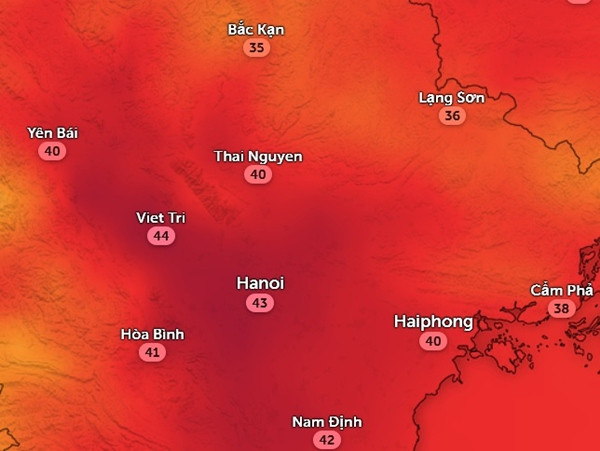 Nhiệt độ cảm nhận ở một số tỉnh thành miền Bắc vào chiều nay, 9/7. Ảnh: Zoom Earth, OpenStreetMap. Nhiệt độ cảm nhận ở một số tỉnh thành miền Bắc vào chiều nay, 9/7. Ảnh: Zoom Earth, OpenStreetMap.