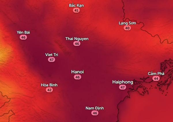 Nhiệt độ cảm nhận ngoài trời ở một số tỉnh thành miền Bắc chiều nay, 10/8. Ảnh: Zoom Earth, OpenStreetMap. Nhiệt độ cảm nhận ngoài trời ở một số tỉnh thành miền Bắc chiều nay, 10/8. Ảnh: Zoom Earth, OpenStreetMap.