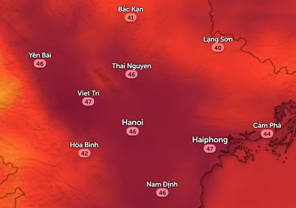Nhiệt độ cảm nhận ngoài trời ở một số tỉnh thành miền Bắc chiều nay, 10/8. Ảnh: Zoom Earth, OpenStreetMap. Nhiệt độ cảm nhận ngoài trời ở một số tỉnh thành miền Bắc chiều nay, 10/8. Ảnh: Zoom Earth, OpenStreetMap.