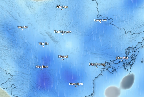 Dự báo mưa ở nhiều tỉnh thành miền Bắc vào chiều mai, 29/9 (những vùng màu xanh da trời là mưa nhỏ và vừa). Ảnh: Zoom Earth, OpenStreetMap. Dự báo mưa ở nhiều tỉnh thành miền Bắc vào chiều mai, 29/9 (những vùng màu xanh da trời là mưa nhỏ và vừa). Ảnh: Zoom Earth, OpenStreetMap.