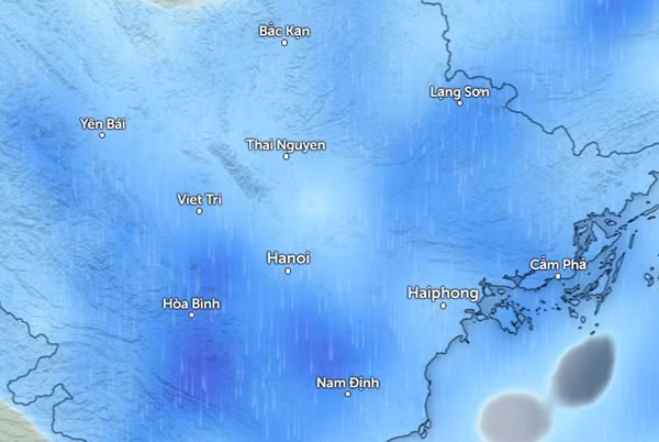 Dự báo mưa ở nhiều tỉnh thành miền Bắc vào chiều mai, 29/9 (những vùng màu xanh da trời là mưa nhỏ và vừa). Ảnh: Zoom Earth, OpenStreetMap.