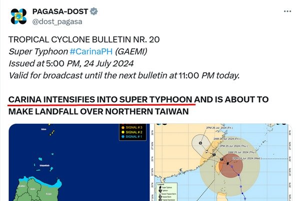 PAGASA cảnh báo bão Gaemi (Carina) tăng cường độ lên cấp siêu bão.