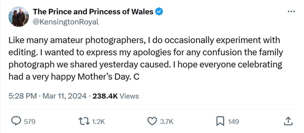 Lời xin lỗi của Công nương Kate. (Ảnh chụp màn hình X). Lời xin lỗi của Công nương Kate. (Ảnh chụp màn hình X).