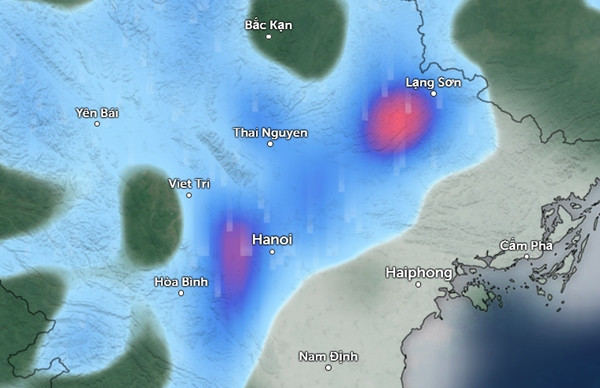 Dự báo mưa ở một số tỉnh thành miền Bắc vào chiều tối nay, 15/10 (những vùng màu xanh da trời là mưa nhỏ đến vừa, màu đỏ là mưa vừa đến mưa to). Ảnh: Zoom Earth, OpenStreetMap. Dự báo mưa ở một số tỉnh thành miền Bắc vào chiều tối nay, 15/10 (những vùng màu xanh da trời là mưa nhỏ đến vừa, màu đỏ là mưa vừa đến mưa to). Ảnh: Zoom Earth, OpenStreetMap.