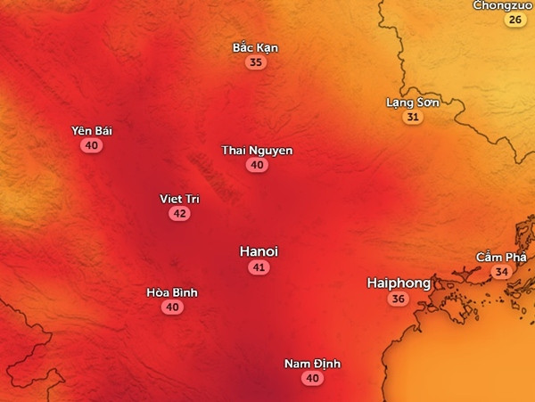 Nhiệt độ ở một số tỉnh thành miền Bắc vào đầu giờ chiều thứ Ba, 23/4. Ảnh: Zoom Earth, OpenStreetMap.