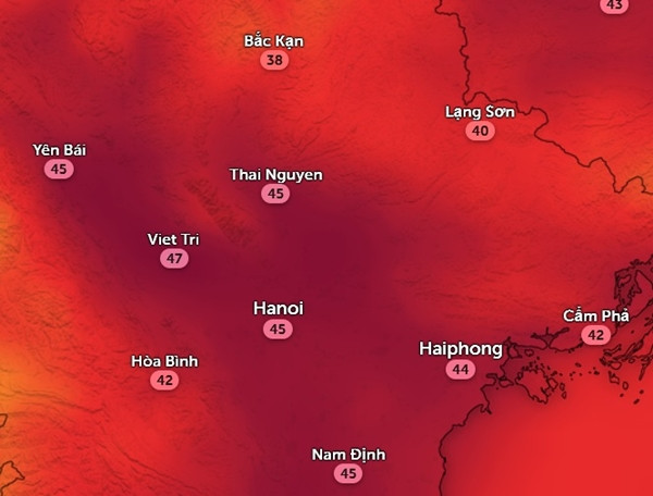 Nhiệt độ cảm nhận ở một số tỉnh thành miền Bắc nước ta vào trưa mai, 13/6. Ảnh: Zoom Earth, OpenStreetMap. Nhiệt độ cảm nhận ở một số tỉnh thành miền Bắc nước ta vào trưa mai, 13/6. Ảnh: Zoom Earth, OpenStreetMap.