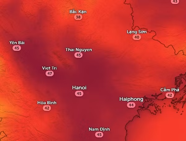 Nhiệt độ cảm nhận ở một số tỉnh thành miền Bắc nước ta vào trưa mai, 13/6. Ảnh: Zoom Earth, OpenStreetMap.